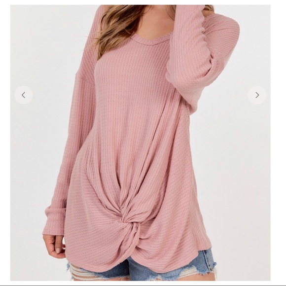 Waffle knit long sleeve tunic with front twist - Picture 3 of 9